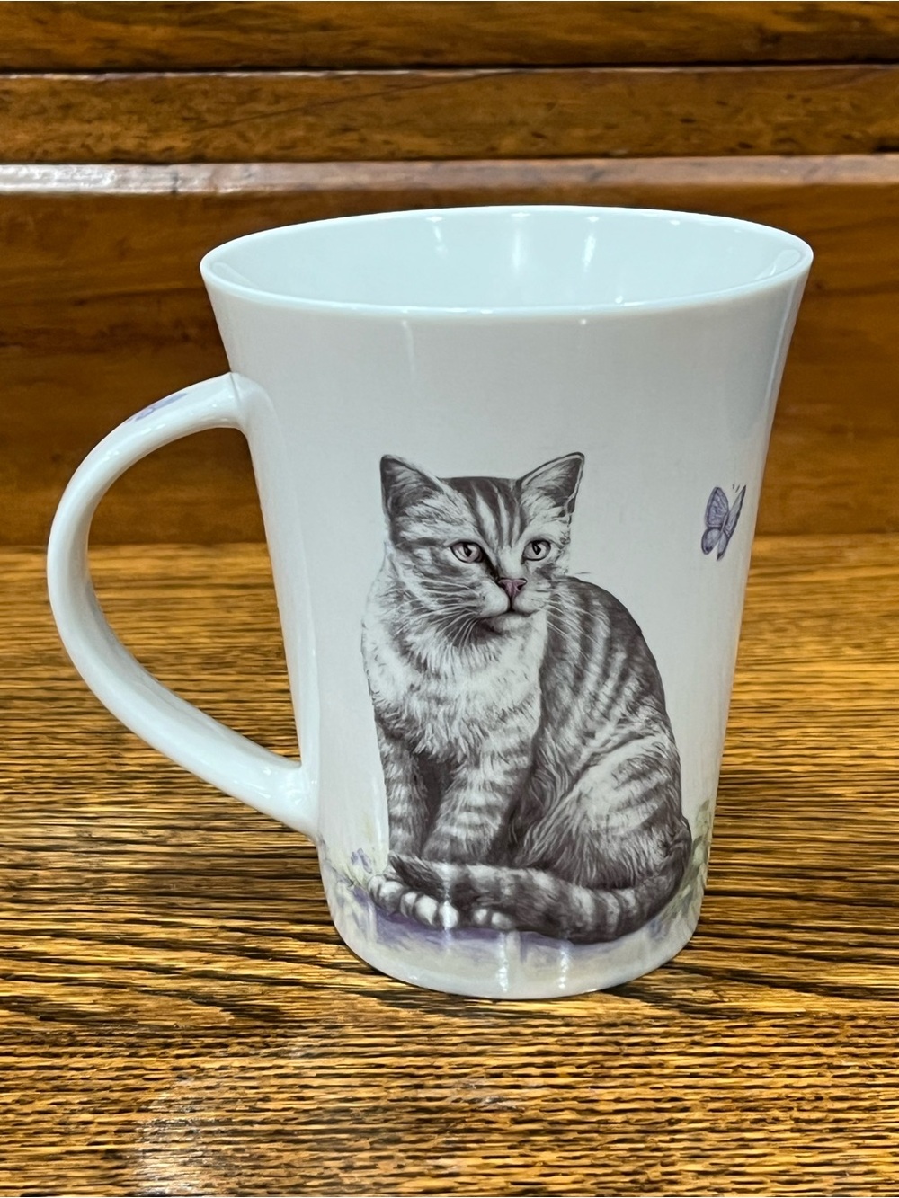 Vintage Churchill Fine China Cat Mug – Gray Tabby & Butterflies Collectible